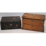 Two vintage wooden boxes including an Oriental lacquered jewellery box with hinged lid and drawer