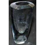 Heavy Orrefors crystal vase with etched image of a leaping antelope. 21cms tall