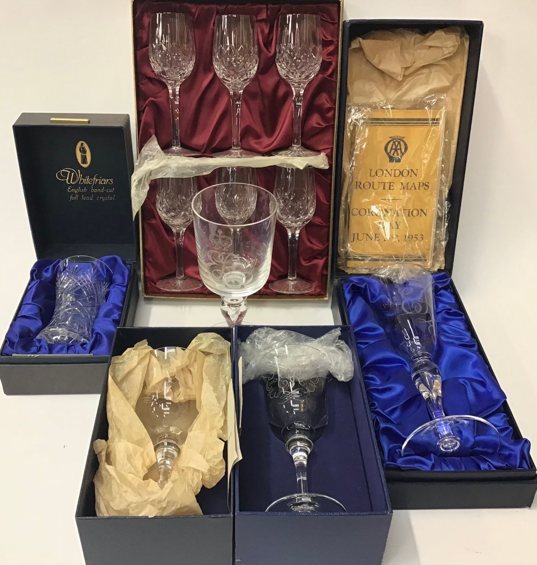 Qty of Whitefriars boxed glasses to include Silver Jubilee Goblets with certificates (one