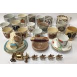 Qty of commemorative china to include pieces by Booths & Clarice Cliff, together with a large RAF