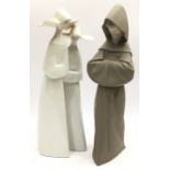 Two large Lladro figures, a gloss finish study of two nuns and a matt finish study of a hooded monk.