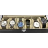 Watch case containing six gents watches to include Seiko Sapphire, Seiko Solar examples.