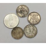 Collection of five silver sports medallions