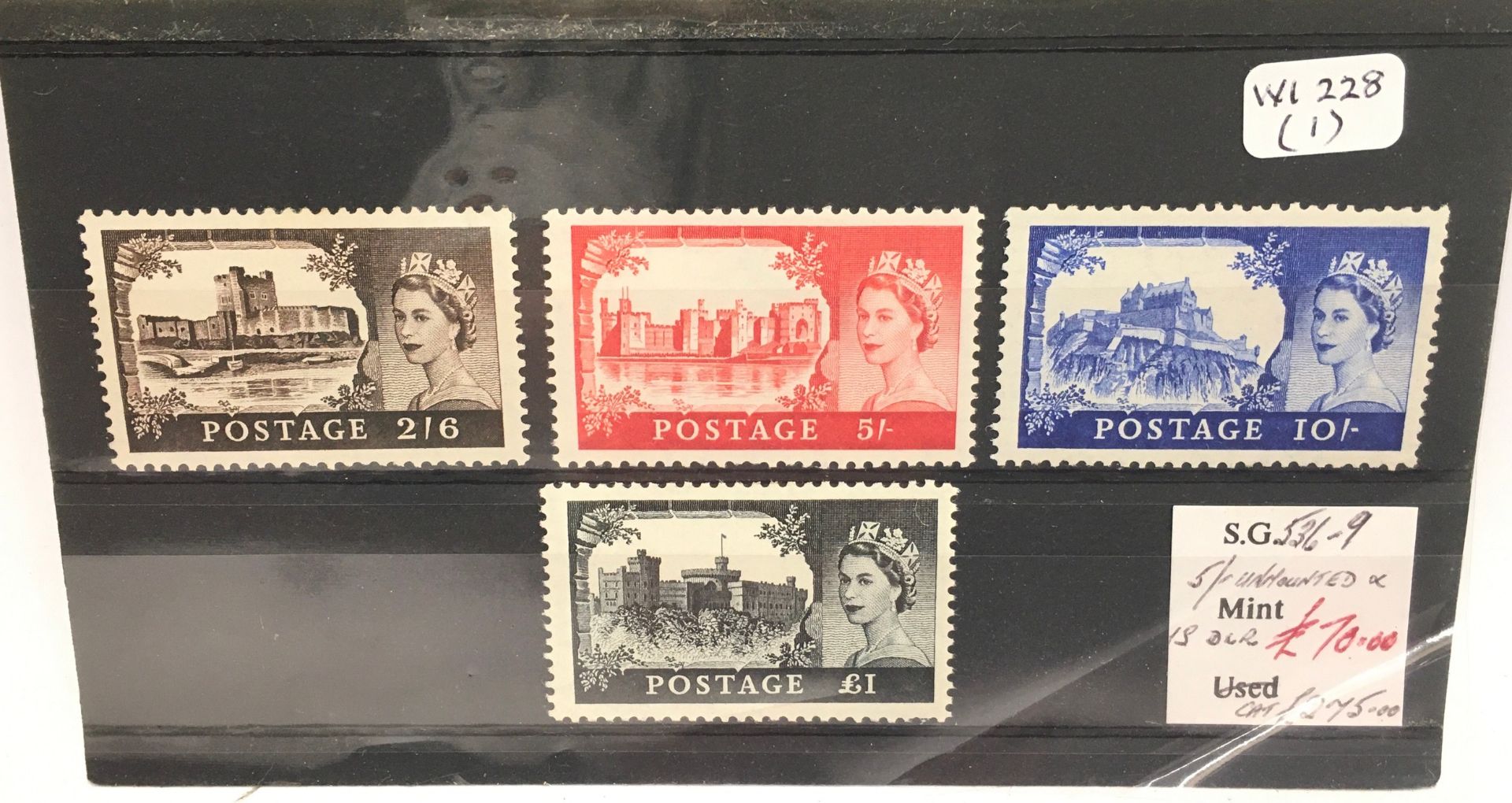 QEII mint high value castles stamps 1955-8. Sg ref 536-9 cat £275