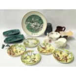Poole Pottery quantity to include map plate Seacreast lidded pot, bone china pieces, brooches,