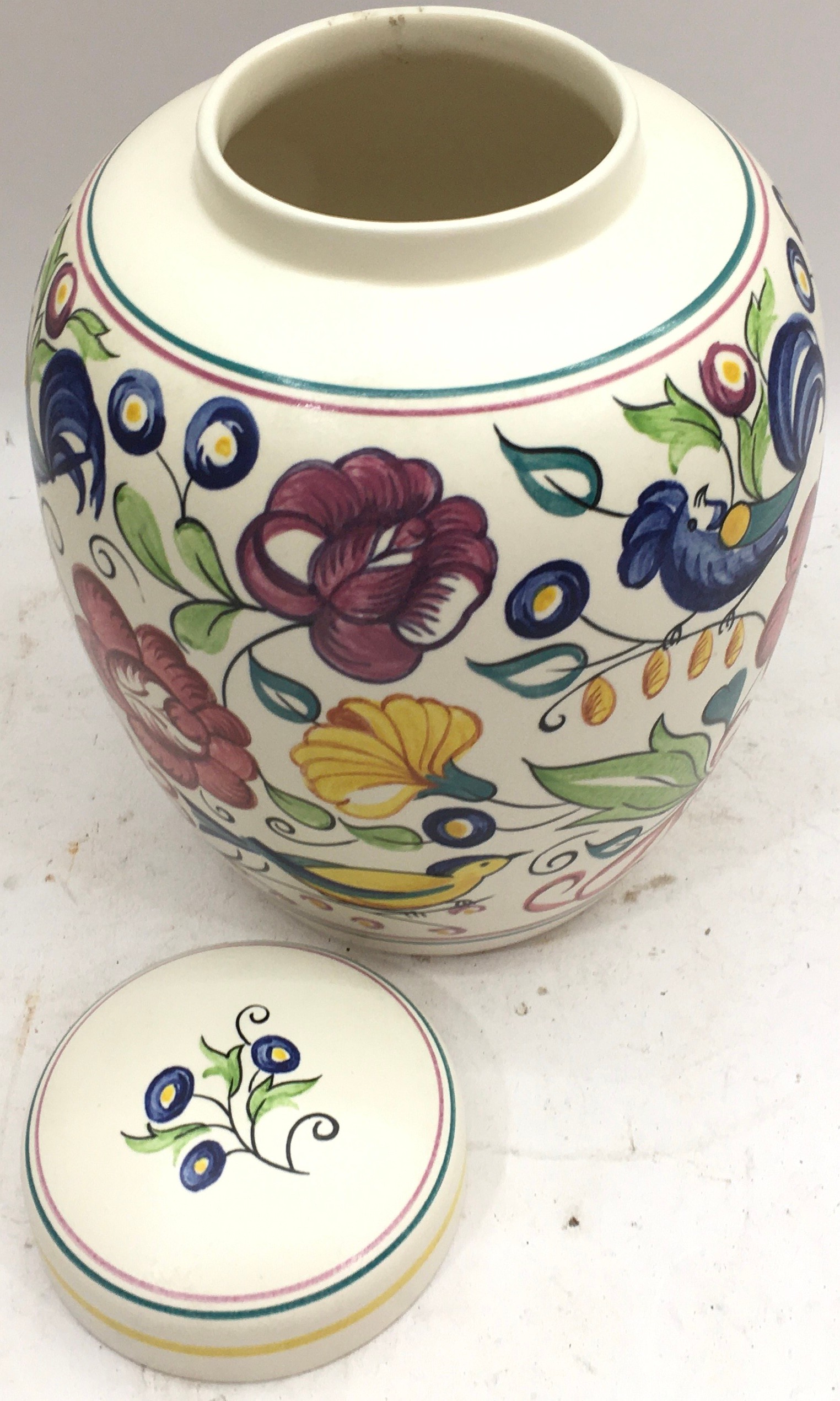 Large Poole Pottery lidded ginger jar in the LE blue cockerel pattern presented in undamaged - Image 2 of 4