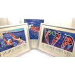 Set of three framed promotional posters designed by Hiro Yamagata advertising the 1996 Atlanta
