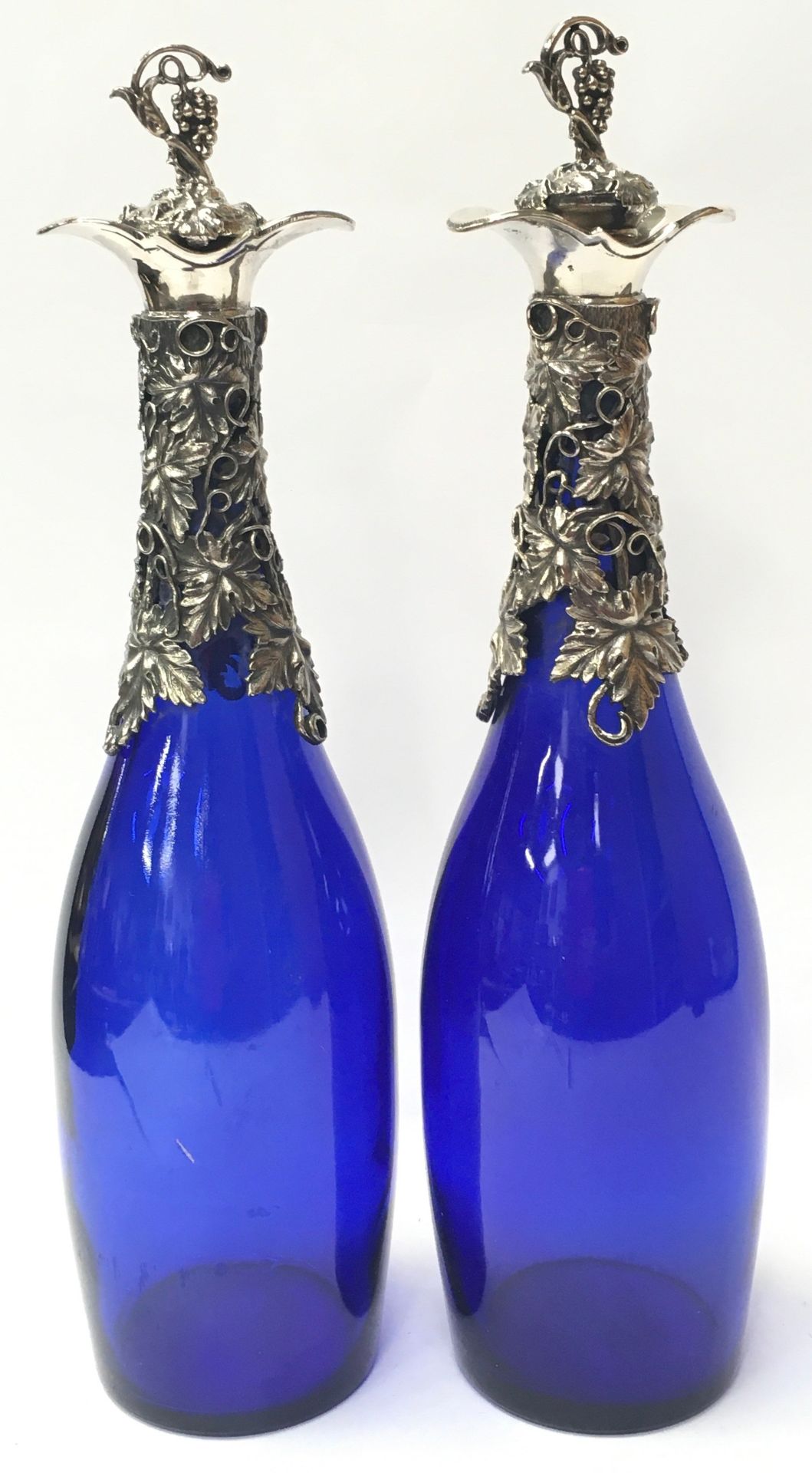 Pair of Bristol blue decanters with grape vine decoration to neck and stoppers - Image 3 of 4