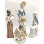 Collection of Lladro figures to include girl with bonnet, girl sitting with flowers, Girl with