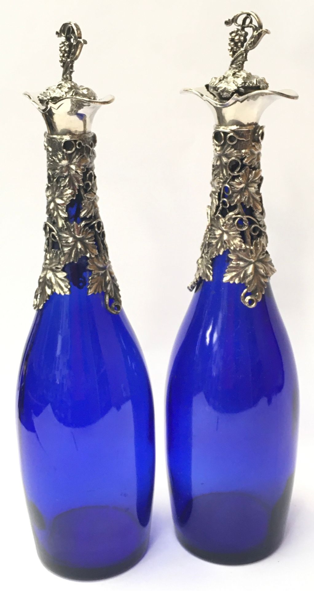 Pair of Bristol blue decanters with grape vine decoration to neck and stoppers - Image 2 of 4