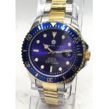 Henry Jay Aquamaster automatic gents dive watch. 46mm across including crown. Attractive blue/gold