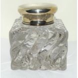 Large heavy cut glass with star base silver top desk inkwell GS and co London 1908