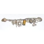 Silver charm bracelet and 9 charms 48g