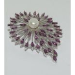 Silver Almandine garnet cultured pearl brooch