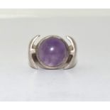 Vintage Chunky modernist natural amethyst and silver ring Size N 1/2.