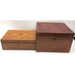 Country made inlaid stationary box (30cm wide) together with a large workbox and sewing items (