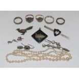 A string of vintage cultured pearls and silver jewellery also to include gold.