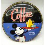 Round enamel Mickey’s Coffee, Disney Blend advertising sign. 30cm dia.