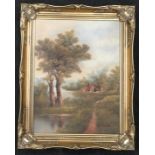 "J.Hall" artist gilt frame oil on canvas Woodland Cottage scene 50x40cm