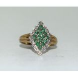 9ct gold ladies diamond shape diamond and emerald ring size N