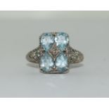 A beautiful Art Deco style 925 silver and aquamarine ring, Size S