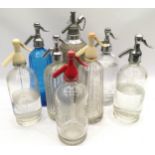 Collection of vintage soda syphon bottles to include branded, coloured and wire mesh encased