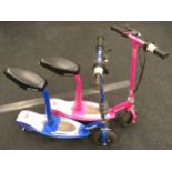 Pair of Razor E100s electric scooters with seats, one blue, one pink c/w one charger (charger