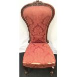 Victorian high back oak bedroom/nursing chair requiring reupholstering.