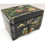 Oriental lacquer musical trinket/jewellery box including contents. 17.5cms across