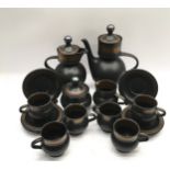 Vintage Purbeck Pottery Coffee service finished in matt black with gold accents. Complete service