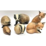 Purbeck Pottery Wildlife series figures to include fox, badger and hedgehog. Six in lot