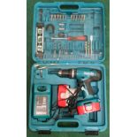 Makita cordless drill set with attachments.