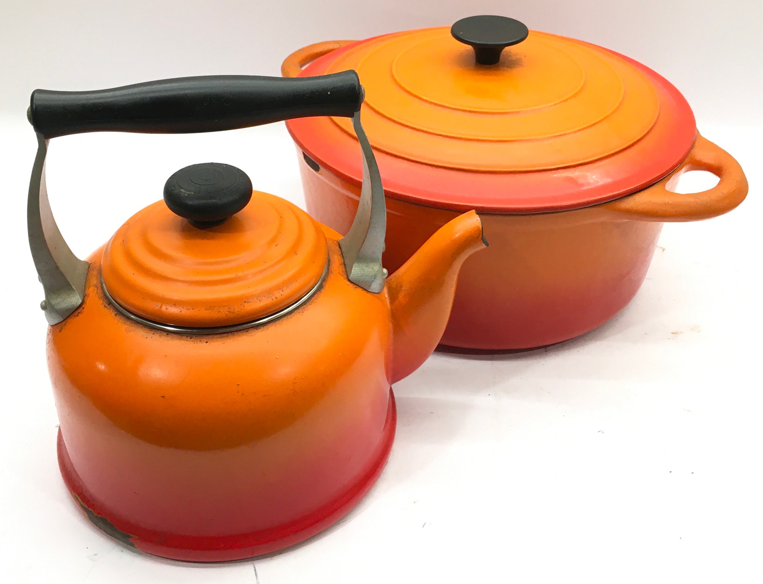 Vintage Heavy duty orange enamel 30cms lidded stockpot c/w a large Le Creuset stovetop kettle