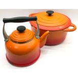 Vintage Heavy duty orange enamel 30cms lidded stockpot c/w a large Le Creuset stovetop kettle
