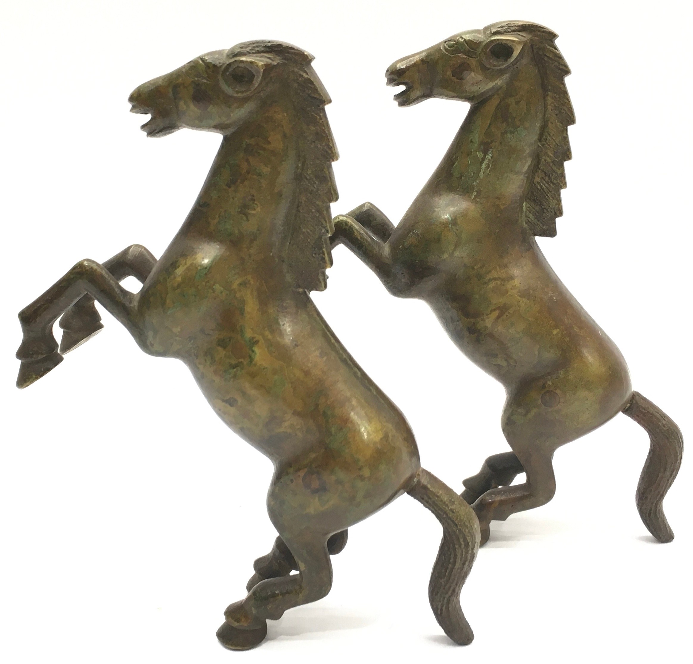 Pair of antique oriental bronze rearing horses. 16.5cms across