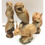 Purbeck Pottery Wildlife series figures to include owl, stoat, hare and squirrel. Five in lot