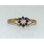 9ct gold ladies sapphire and diamond cluster ring size O