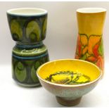 Three Poole Pottery Delphis pattern pieces, two vases and a footed bowl, the largest is 23cms tall