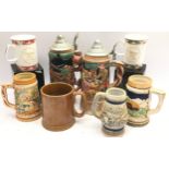 A collection of steins and other china to include a musical example. Total eight in lot.