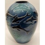 Poole Pottery large Alan White vase depicting dolphins fully marked & signed to base 13" high.