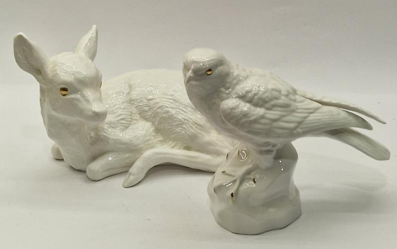 Poole Pottery golden-eye bone china white Merlin together with a large fawn both modelled by Barbara