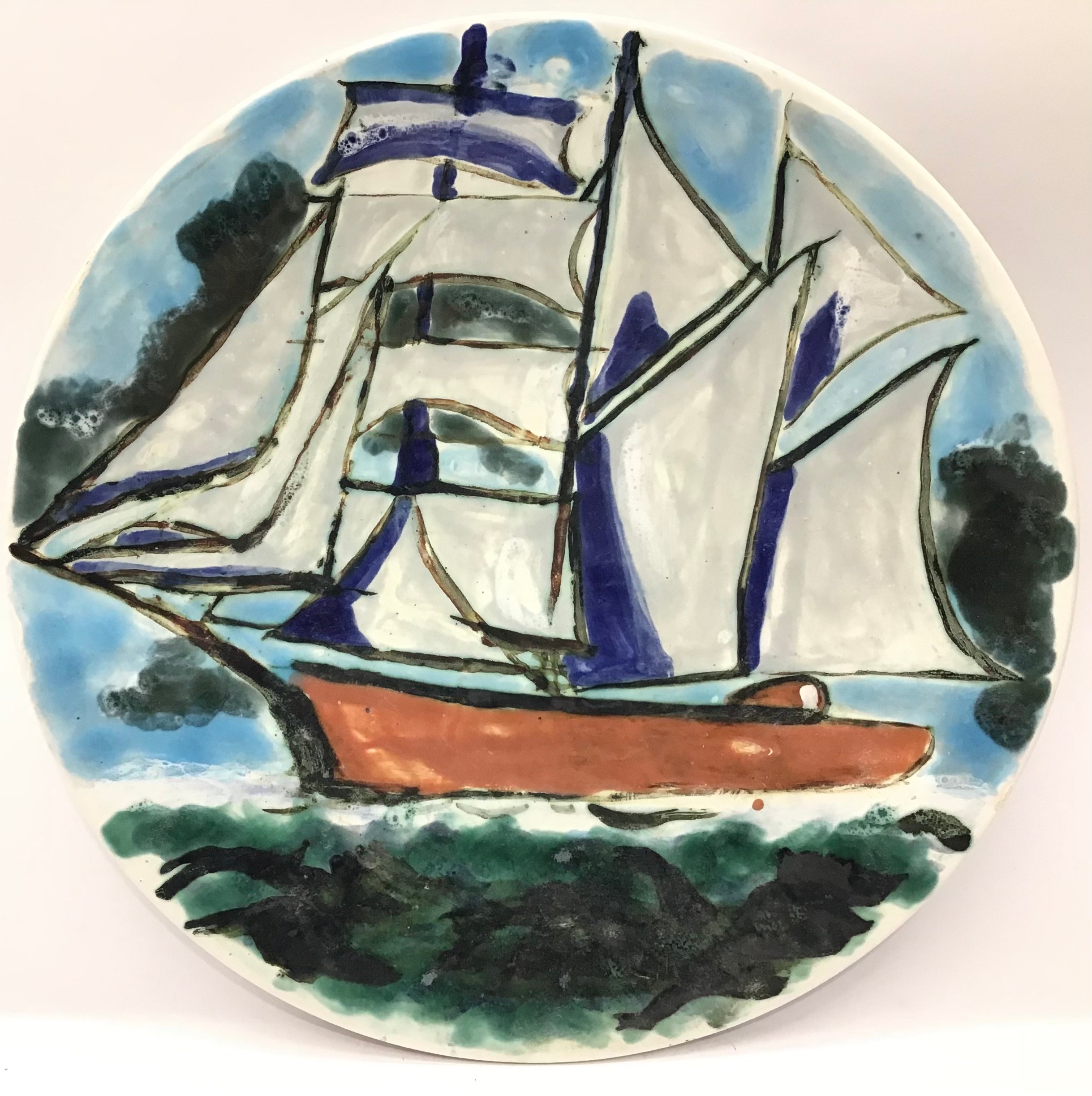 Poole Pottery unusual 13.5" dia charger depicting a sailing ship, blue mark.