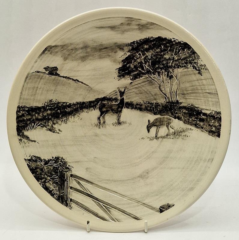 Poole Pottery charger by Alan White depicting deer in field, fully marked & signed to reverse 12"