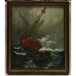 Paul Davis: Framed oil on canvas painting of ships on rough seas, signed to bottom right 69x59cm.