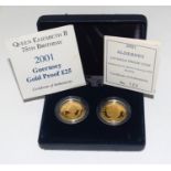 Queen II Guernsey 2001 gold proof £25 coin together an Alderney 2001 gold proof £25 coin both to