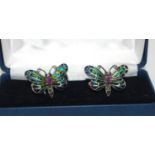 A pair of silver and plique a jour butterfly cuff links (cased)