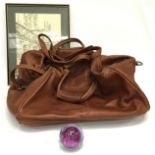 Large leather holdall together a limited edition Caithness glass paper weight and a picture of the