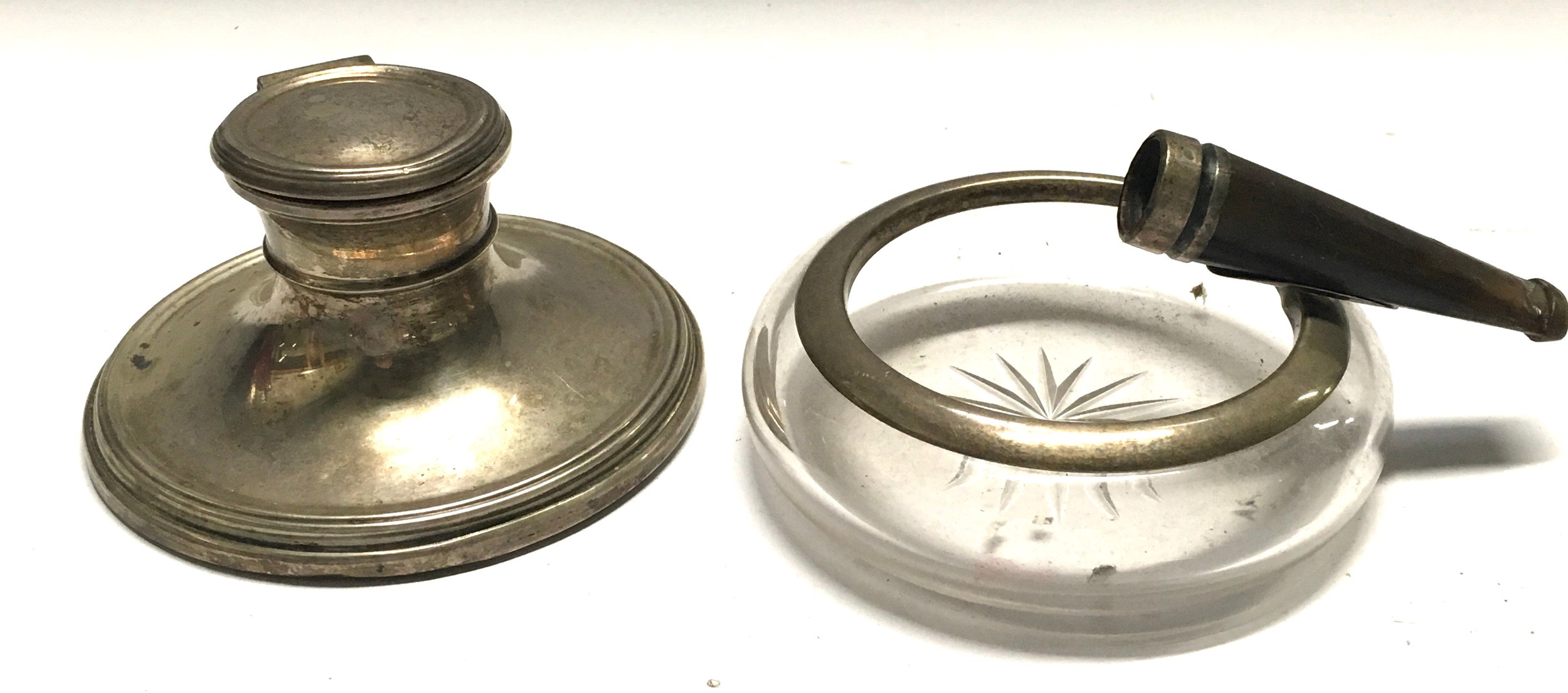 Silver H/M inkwell together a silver rim ash tray and silver rim cigarette holder