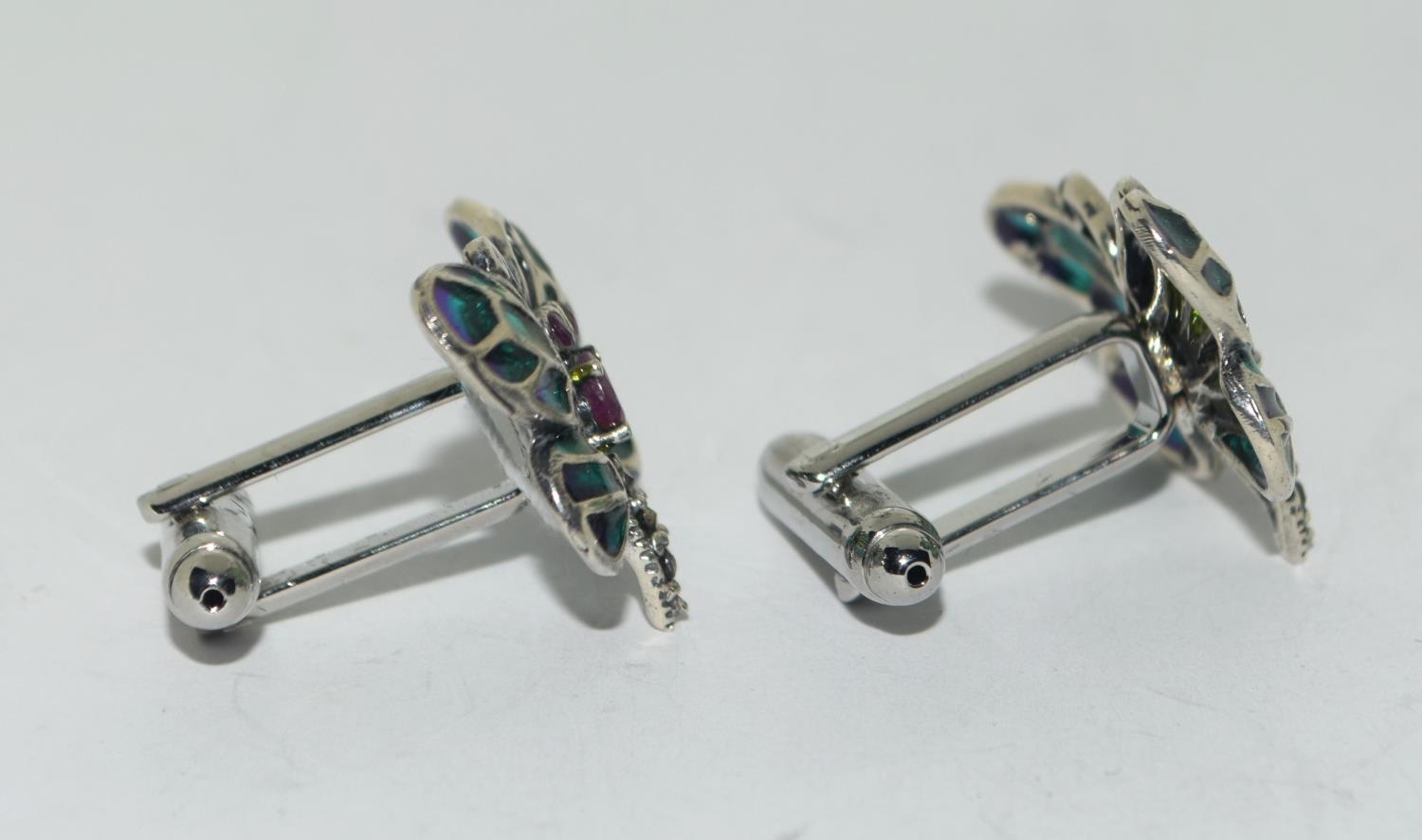 A pair of silver and plique a jour butterfly cuff links (cased) - Image 3 of 4