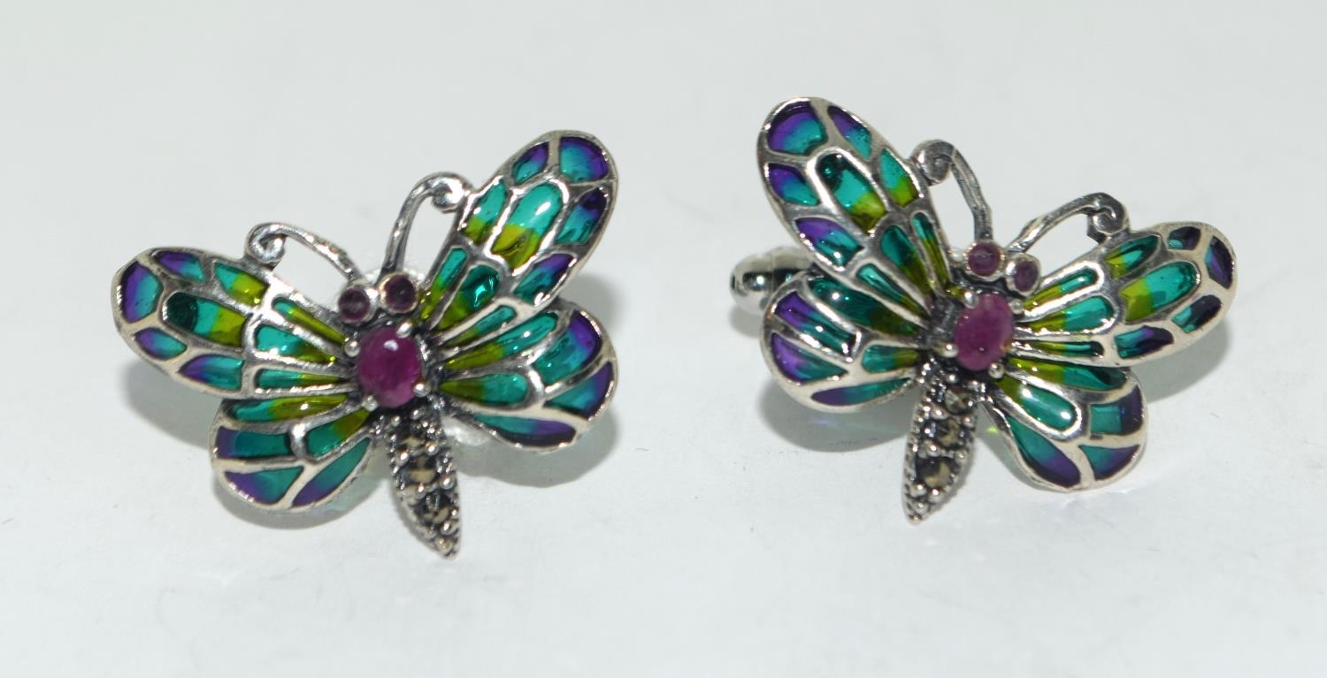 A pair of silver and plique a jour butterfly cuff links (cased) - Image 2 of 4